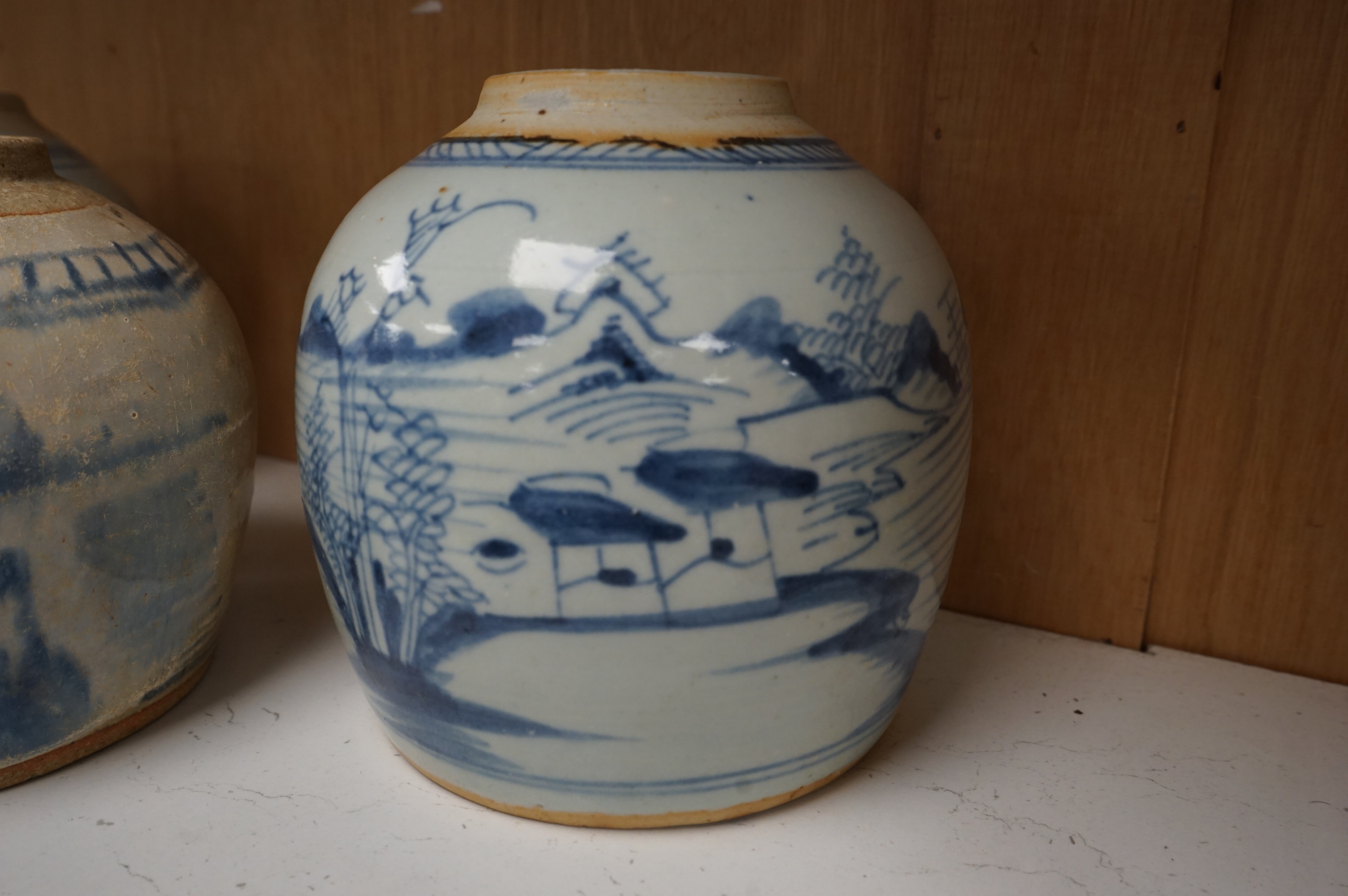 Three 18th/19th century Chinese blue and white jars, tallest 16.5cm high. Condition - fair